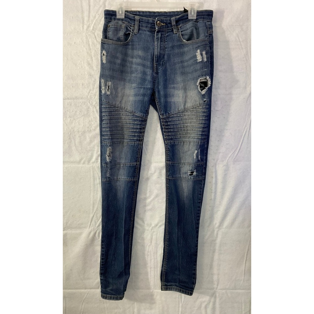 Southpole Moto Distressed Jeans Mens 32x31 Blue Ribbed Skinny Biker Streetwear
